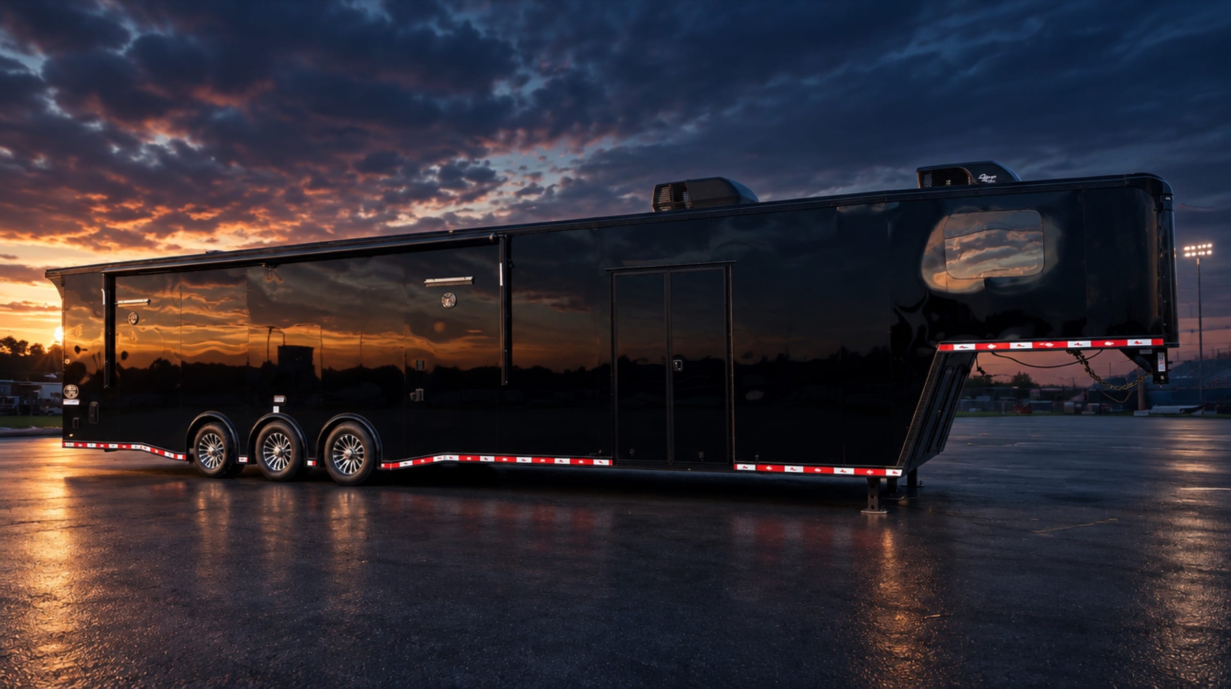 ARK Race Team 44-foot gooseneck trailer with living quarters in the paddock at dusk